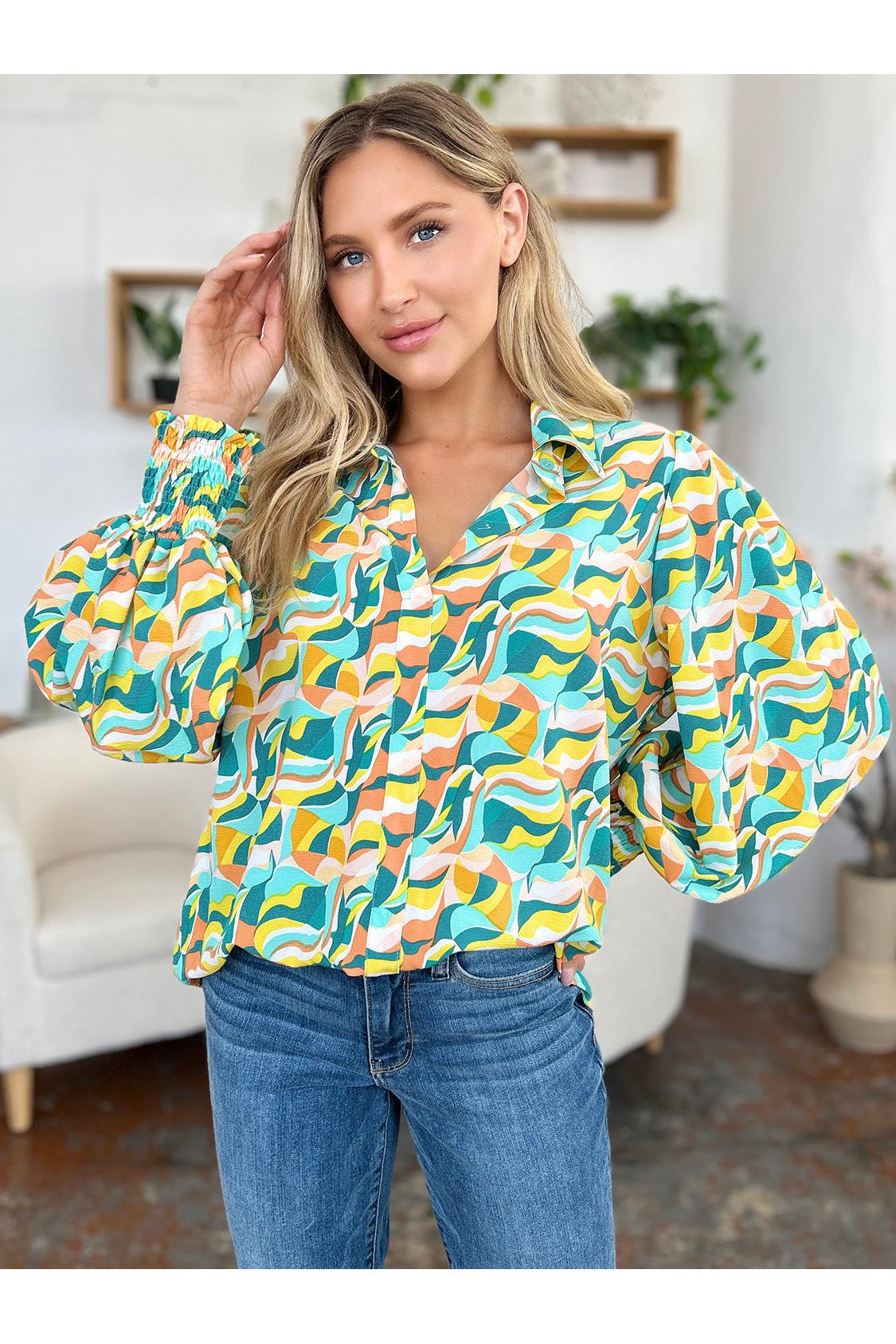 Double Take Full Size Printed Smocked Long Sleeve Blouse