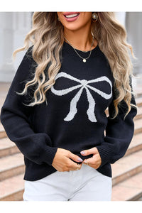 Angel Wings Bow Graphic Round Neck Long Sleeve Sweater
