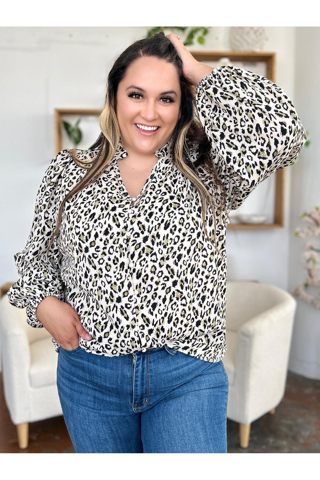 Double Take Full Size Leopard Long Sleeve Blouse