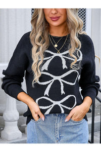 Angel Wings Bow Graphic Round Neck Long Sleeve Sweater