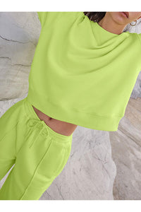Round Neck Long Sleeve Top and Elastic Waist Pants Set
