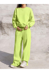 Round Neck Long Sleeve Top and Elastic Waist Pants Set