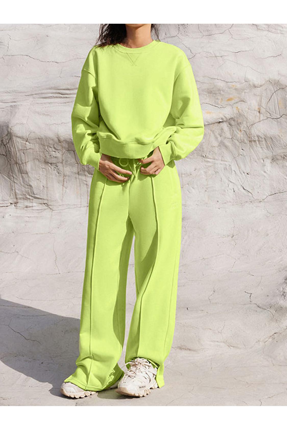 Round Neck Long Sleeve Top and Elastic Waist Pants Set