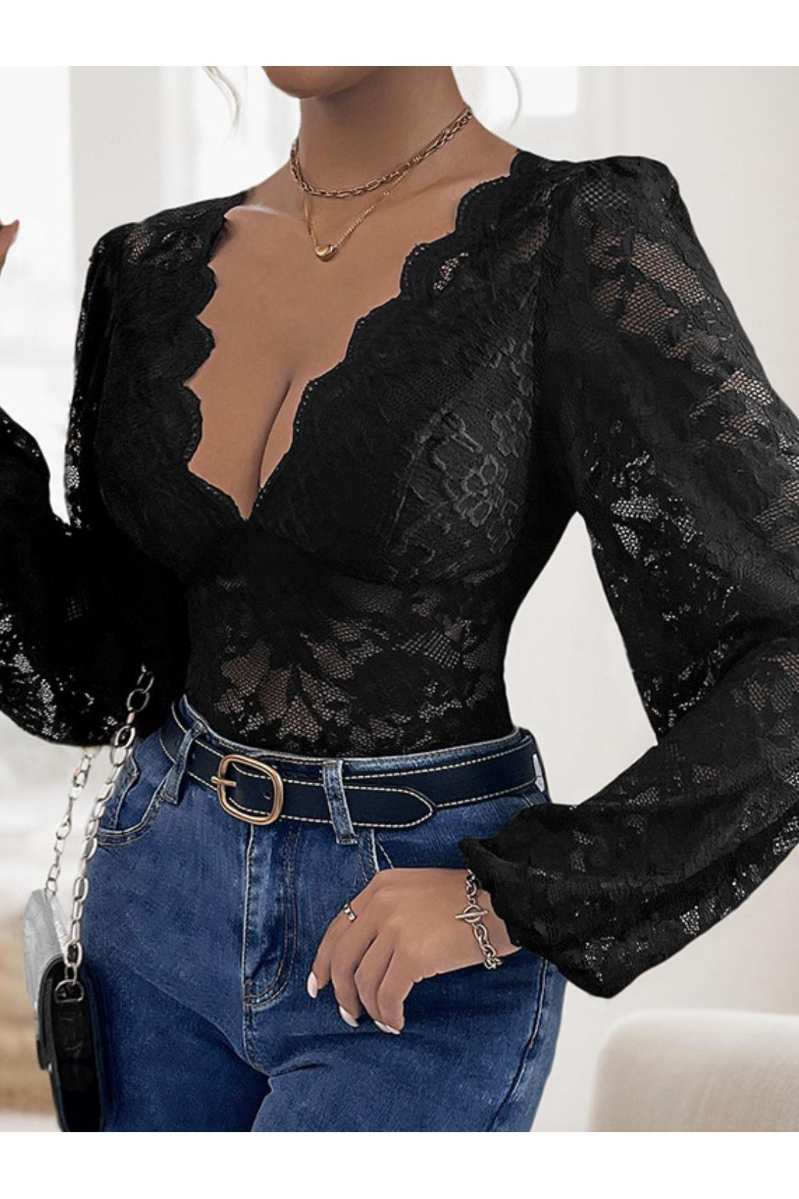 Perfee Lace Plunge Long Sleeve Bodysuit
