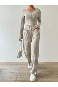 Ribbed V-Neck Long Sleeve Top and Pocketed Pants Set