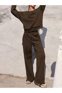 Round Neck Long Sleeve Top and Elastic Waist Pants Set