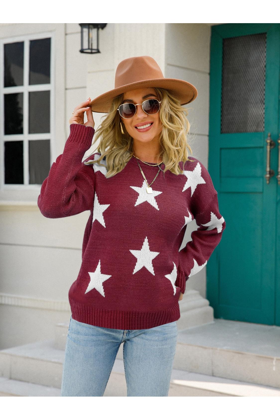Angel Wings Star Round Neck Dropped Shoulder Sweater