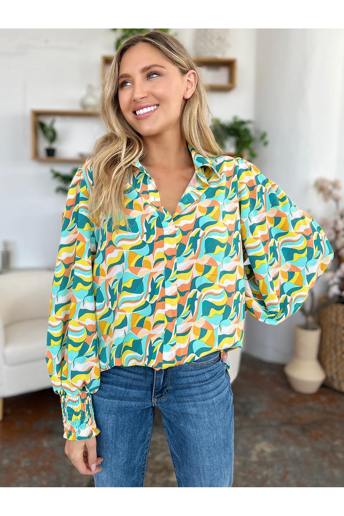 Double Take Full Size Printed Smocked Long Sleeve Blouse