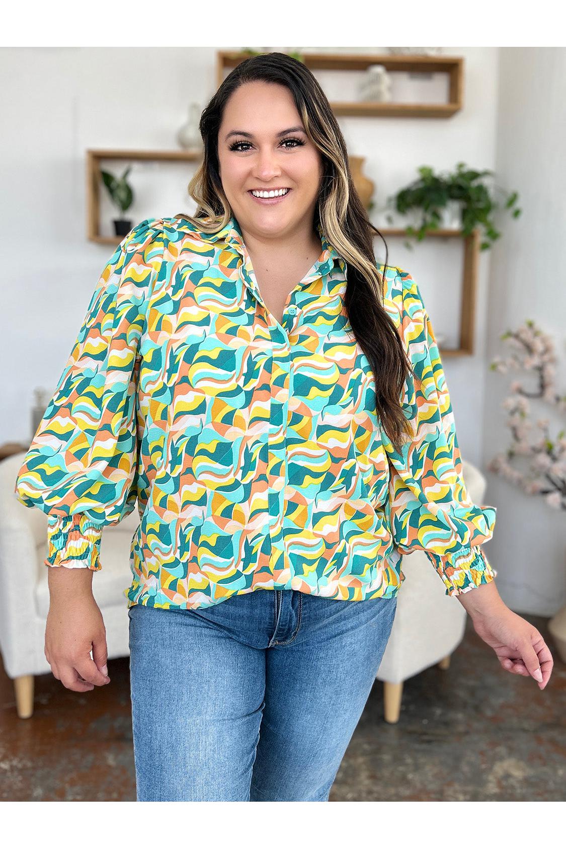 Double Take Full Size Printed Smocked Long Sleeve Blouse