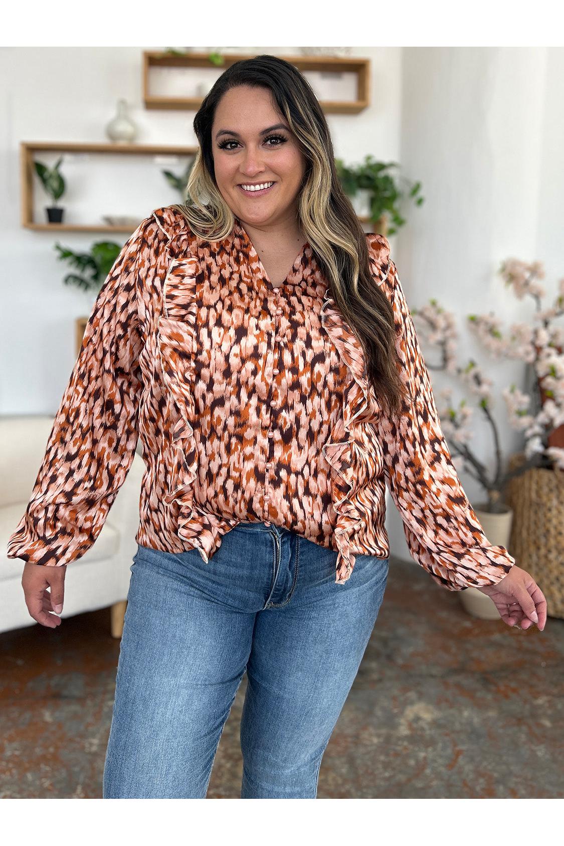 Double Take Full Size Printed Ruffle Trim Balloon Sleeve Shirt