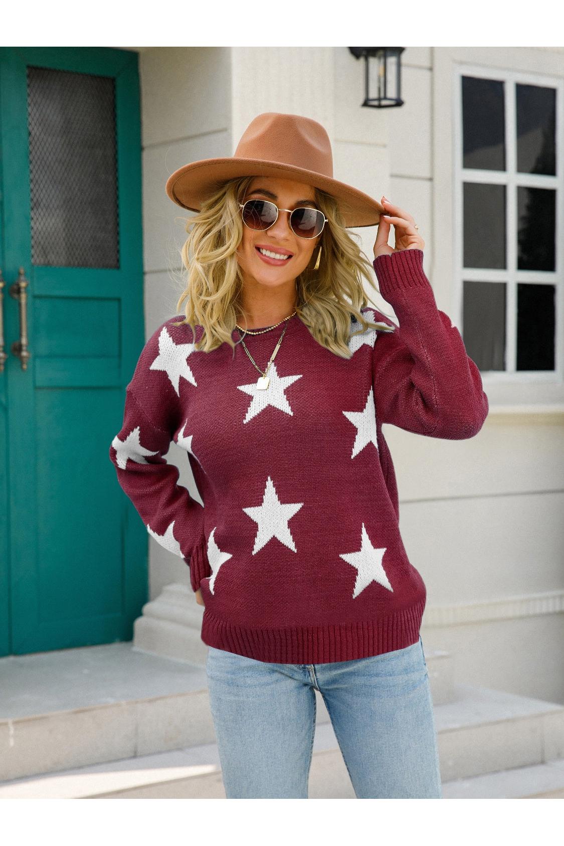 Angel Wings Star Round Neck Dropped Shoulder Sweater