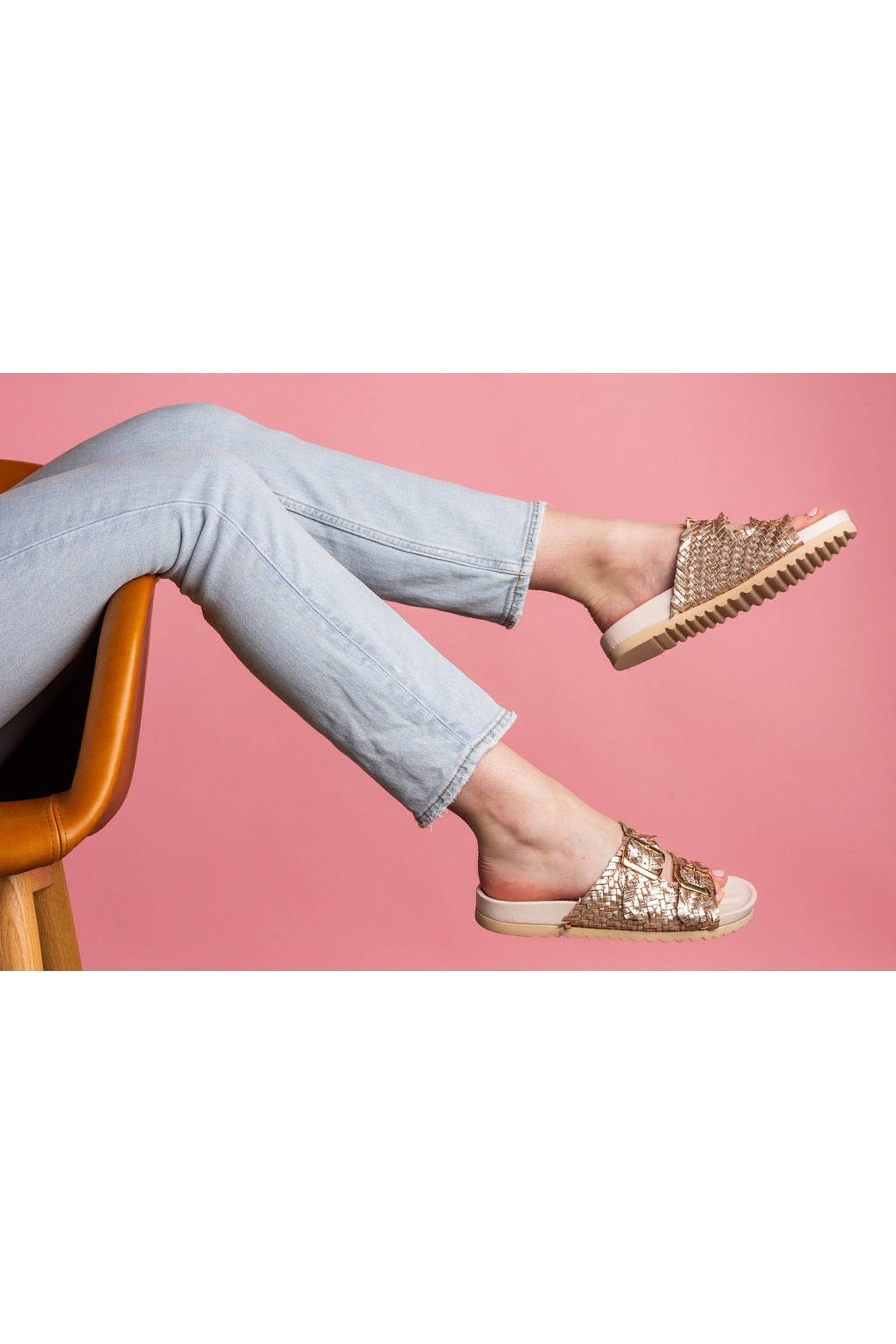 Intertwine Dual Woven Strap Slide in Champagne