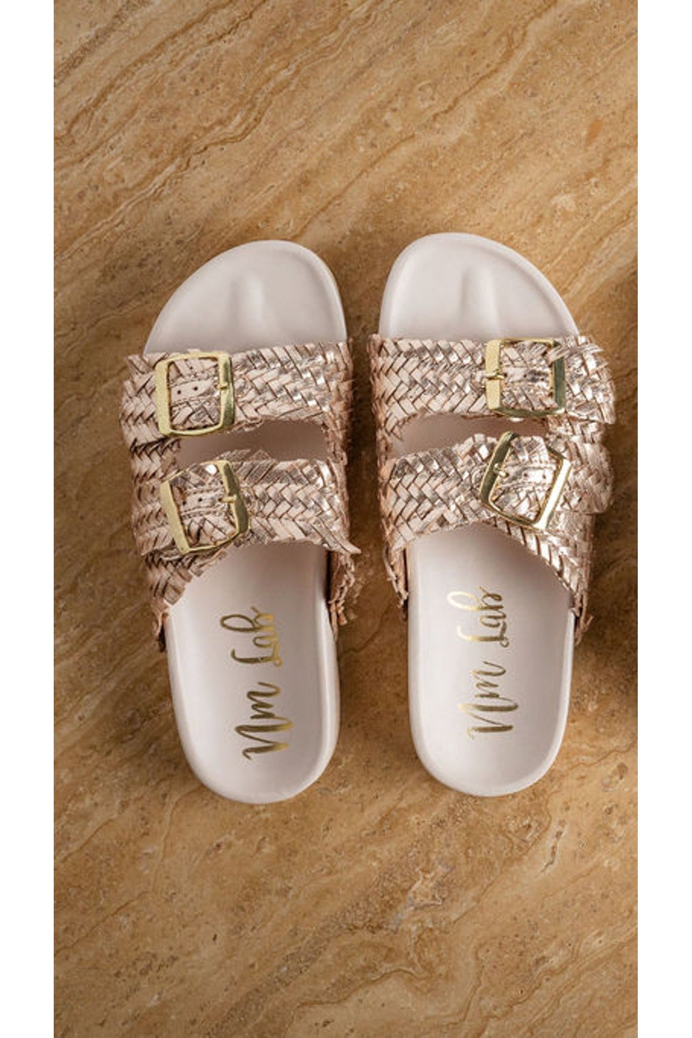 Intertwine Dual Woven Strap Slide in Champagne