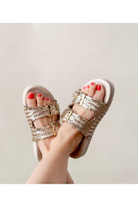 Intertwine Dual Woven Strap Slide in Champagne
