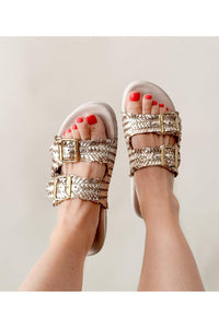 Intertwine Dual Woven Strap Slide in Champagne
