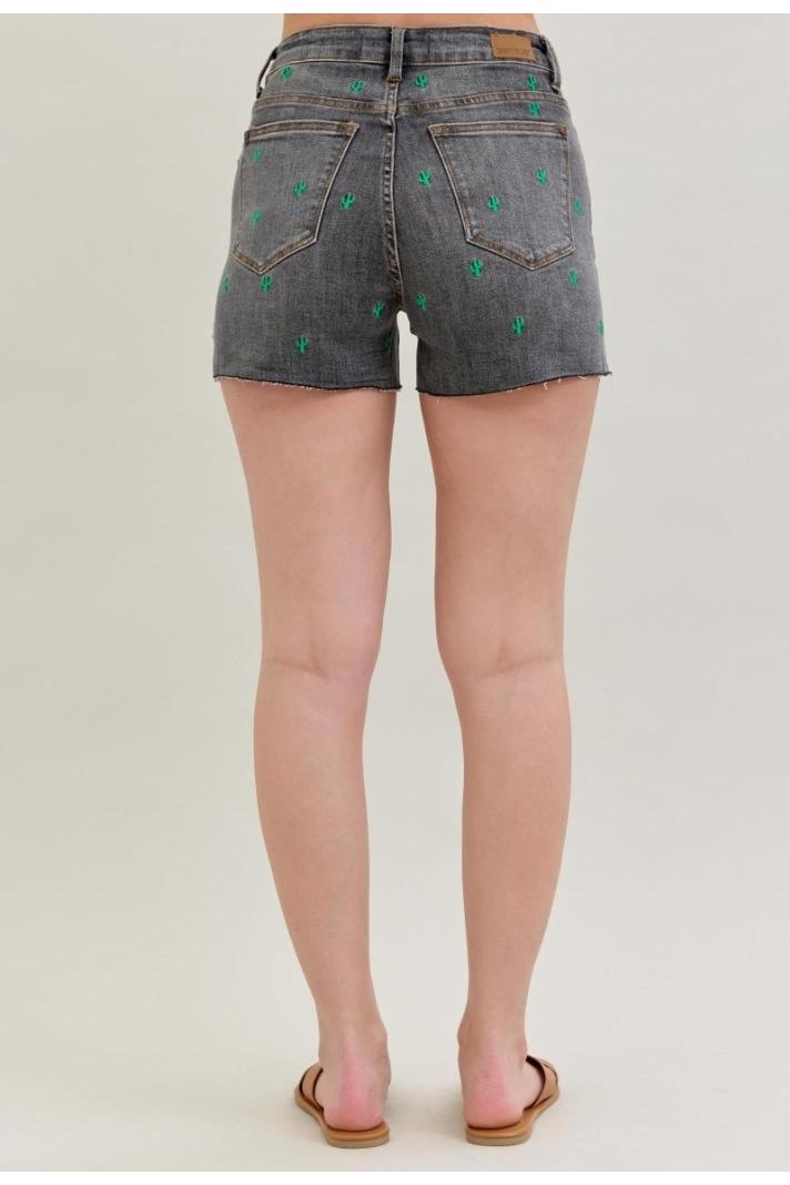 *Early Release* High Waist Cactus Embroidered Jean Shorts