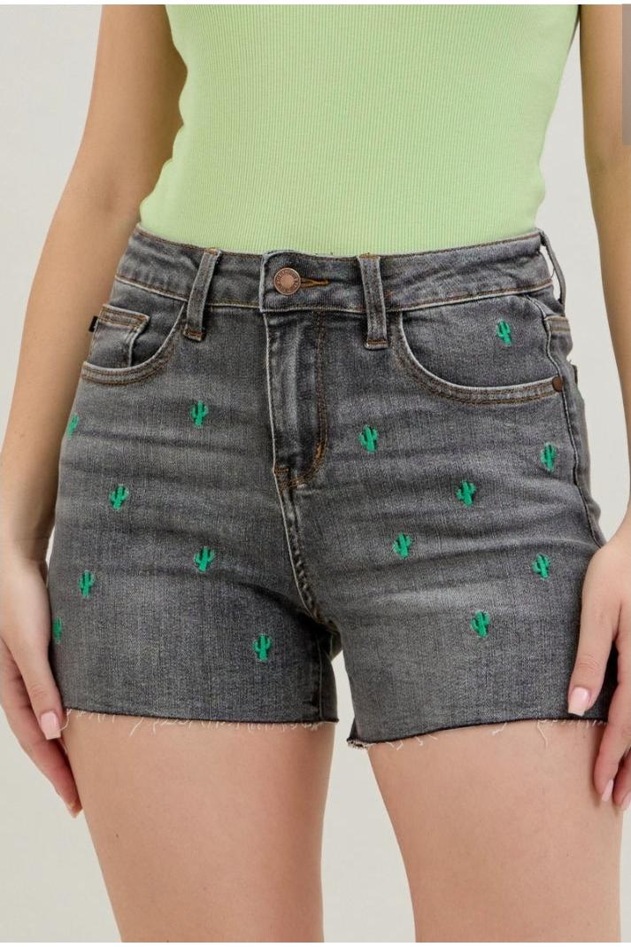 *Early Release* High Waist Cactus Embroidered Jean Shorts