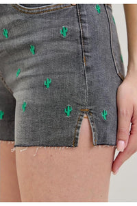 *Early Release* High Waist Cactus Embroidered Jean Shorts