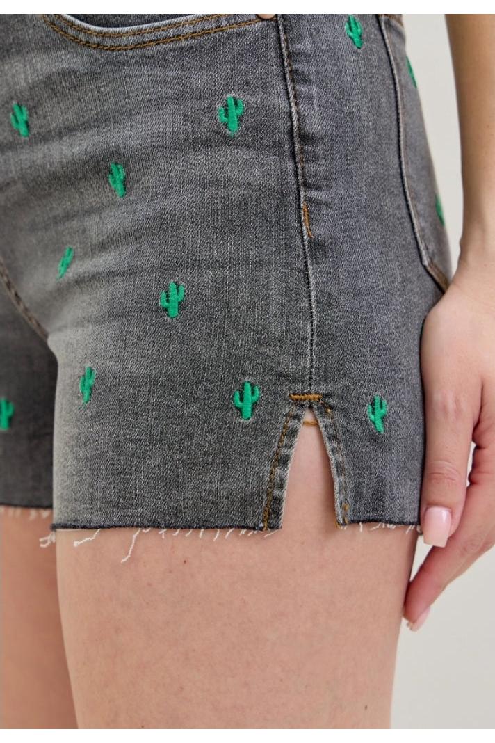 *Early Release* High Waist Cactus Embroidered Jean Shorts