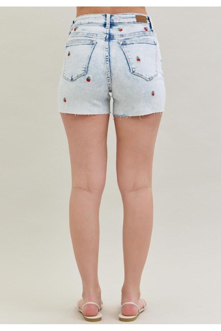 High Waist Cherry Embroidered Jean Shorts