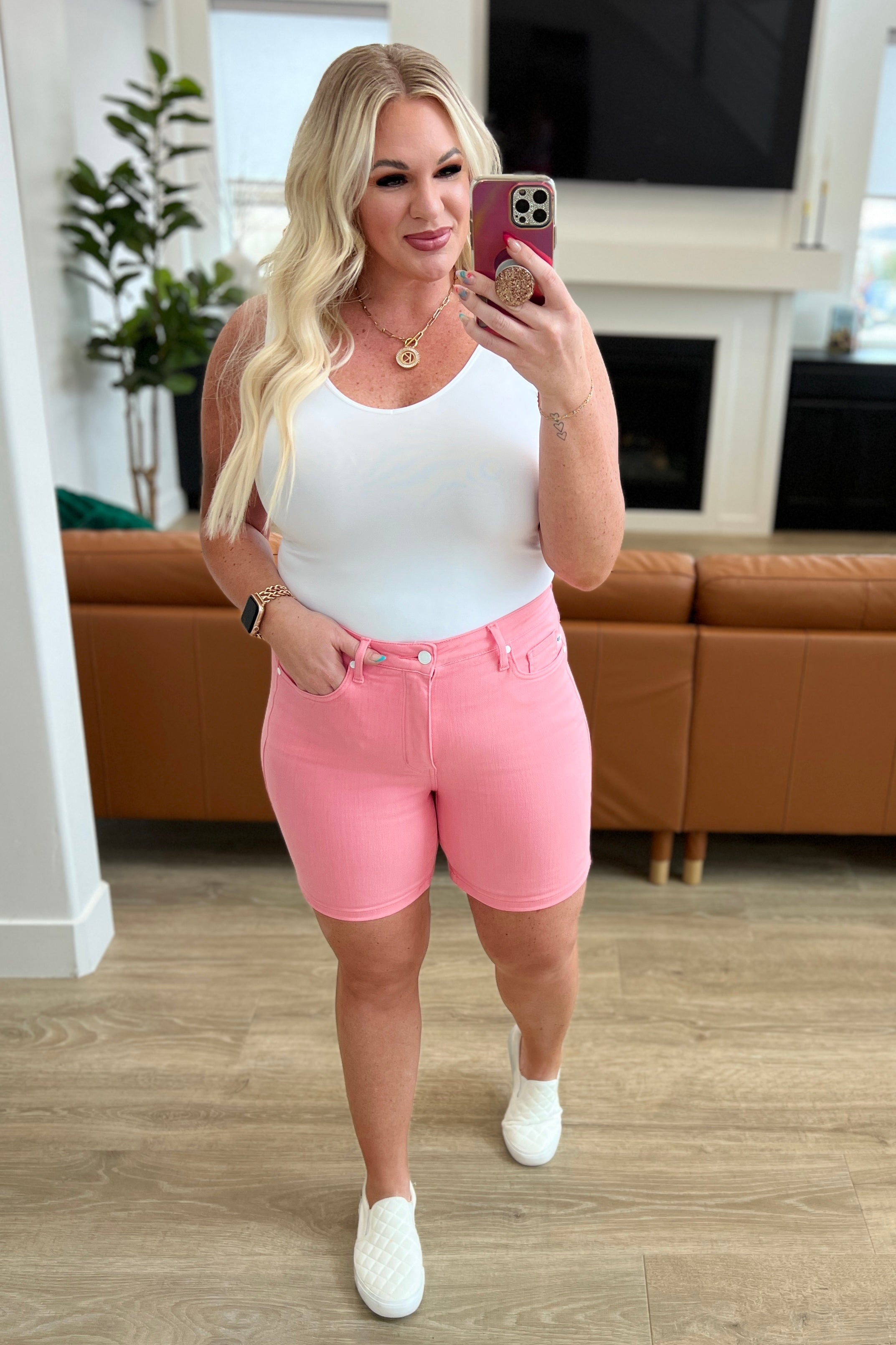 Jenna High Rise Tummy Control Cuffed Shorts in Pink