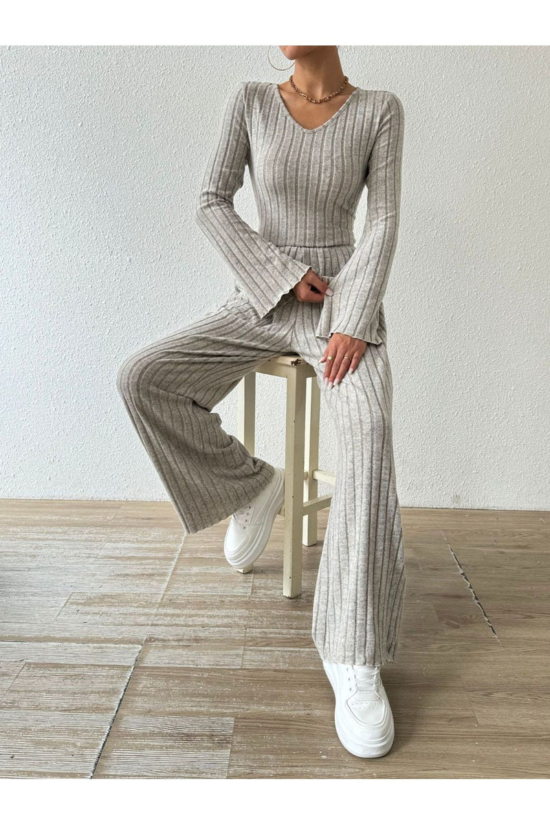 Ribbed V-Neck Long Sleeve Top and Pocketed Pants Set