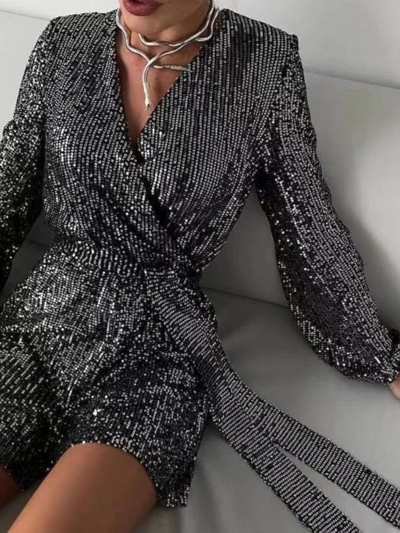 Full Size Sequin Surplice Tie Waist Long Sleeve Romper