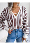 Striped Lace-Up Long Sleeve Sweater