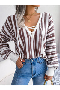 Striped Lace-Up Long Sleeve Sweater