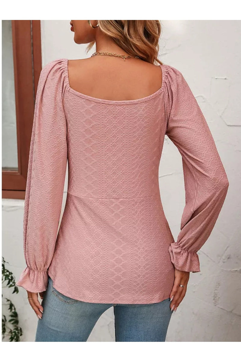 Full Size Drawstring Ruffled V-Neck Long Sleeve Blouse