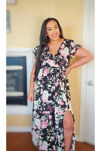 Floral Flutter Sleeve Tie-Waist Split Dress