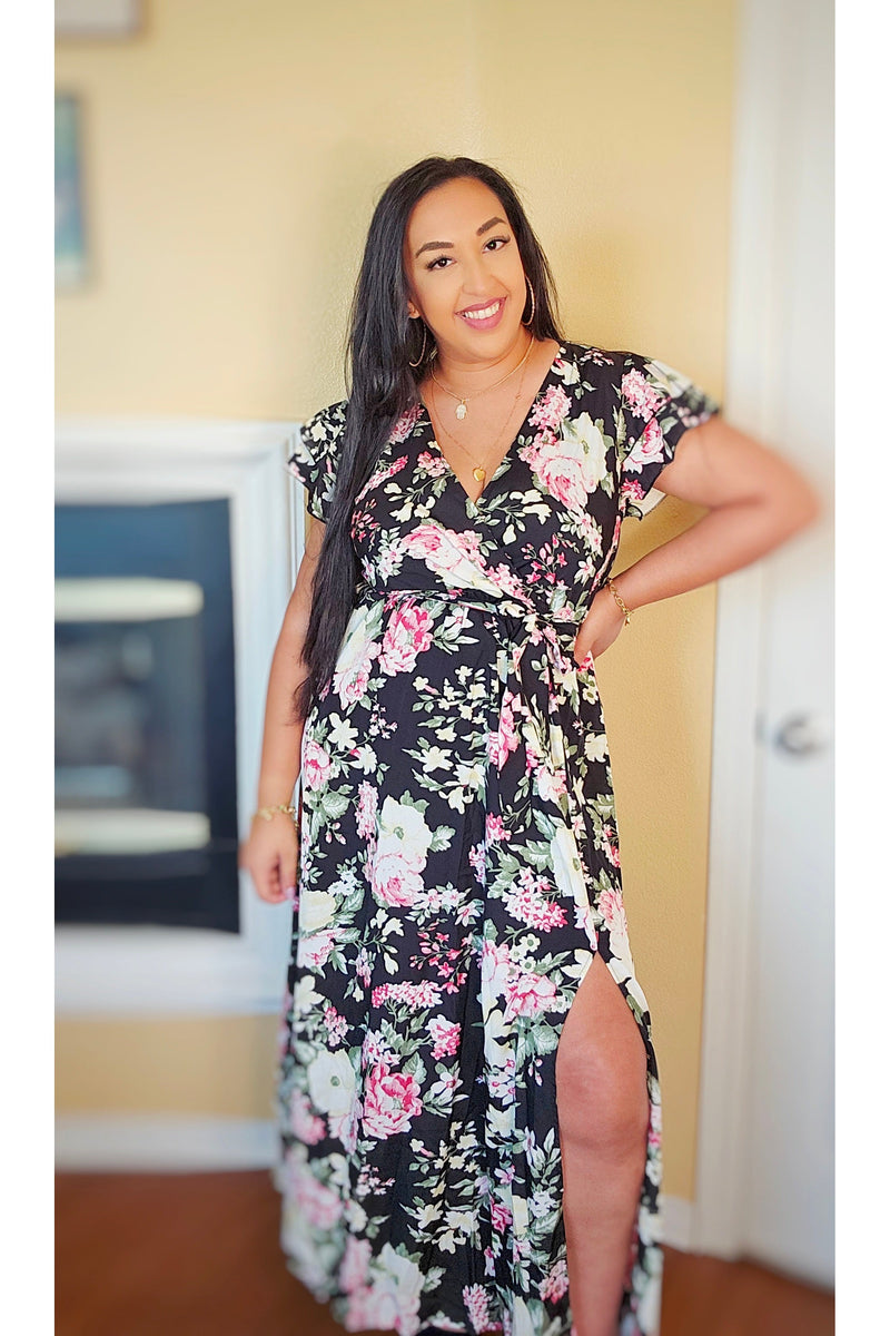 Floral Flutter Sleeve Tie-Waist Split Dress