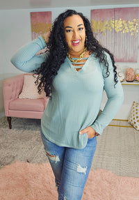 Waffle Knit Top w/ Strapped V-Neck Detail #46