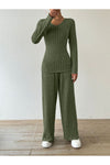 Ribbed V-Neck Long Sleeve Top and Pocketed Pants Set