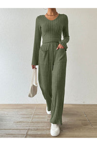 Ribbed V-Neck Long Sleeve Top and Pocketed Pants Set