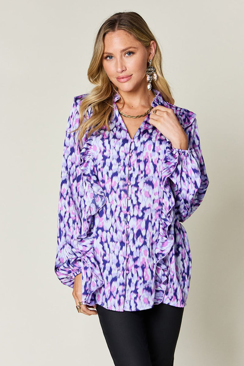 Double Take Full Size Printed Ruffle Trim Balloon Sleeve Shirt