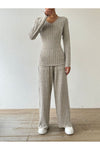 Ribbed V-Neck Long Sleeve Top and Pocketed Pants Set