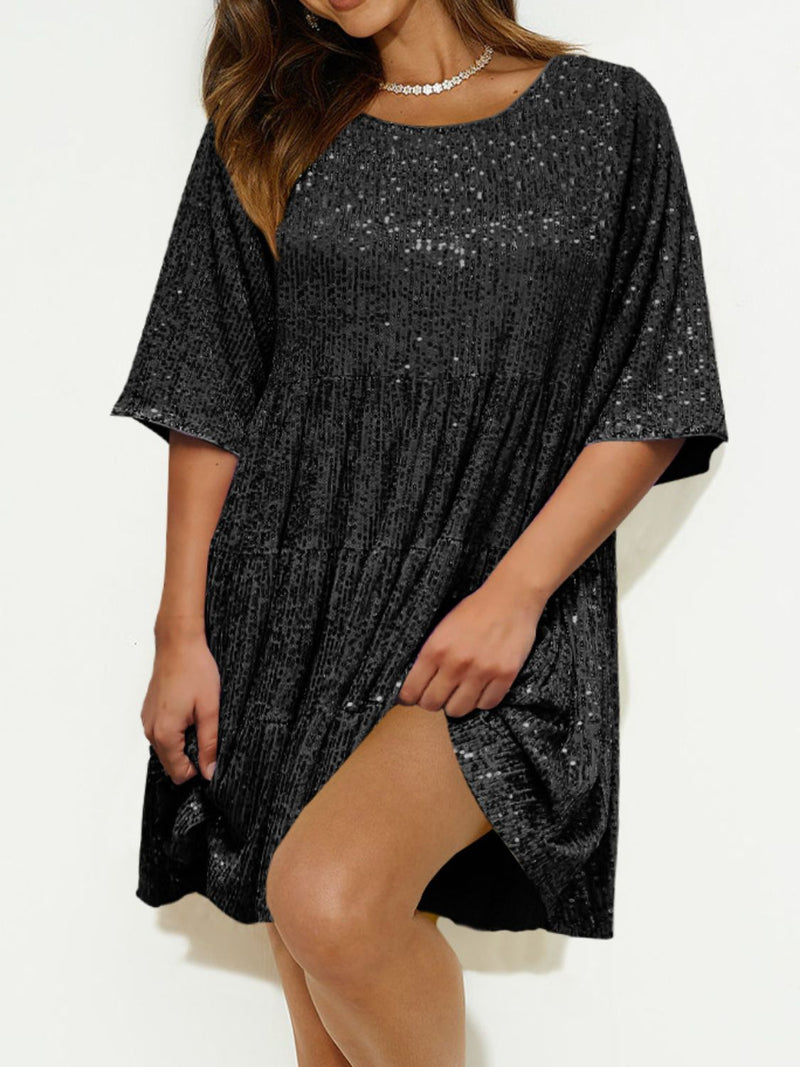 Sequin Round Neck Half Sleeve Mini Dress