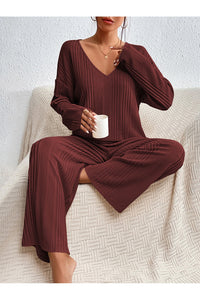 V-Neck Long Sleeve Top and Pants Set