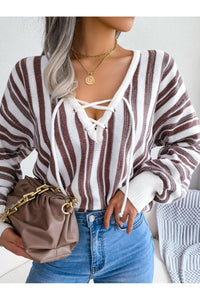 Striped Lace-Up Long Sleeve Sweater