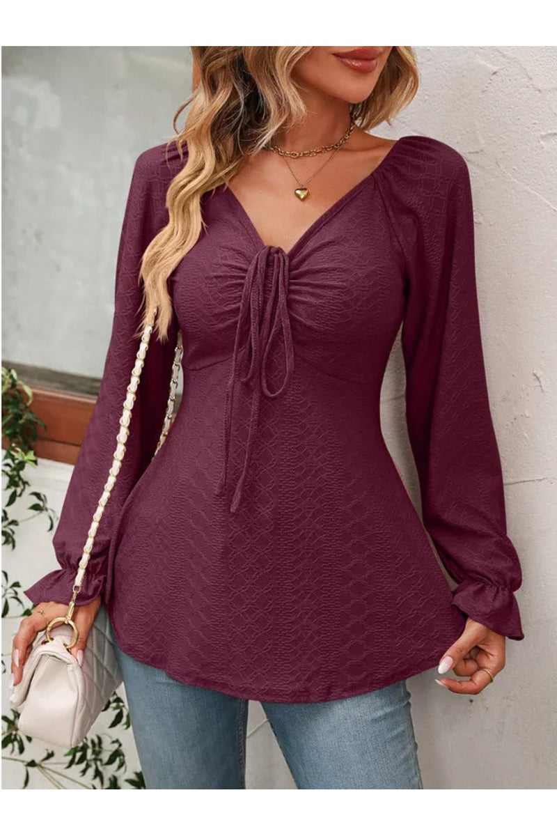 Full Size Drawstring Ruffled V-Neck Long Sleeve Blouse