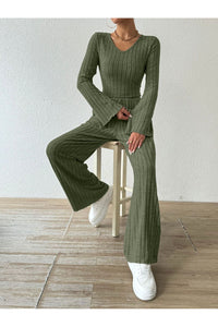 Ribbed V-Neck Long Sleeve Top and Pocketed Pants Set