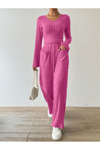 Ribbed V-Neck Long Sleeve Top and Pocketed Pants Set