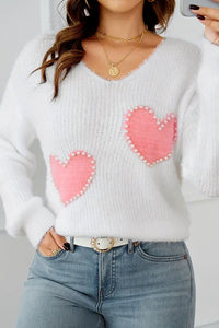 Heart V-Neck Long Sleeve Sweater