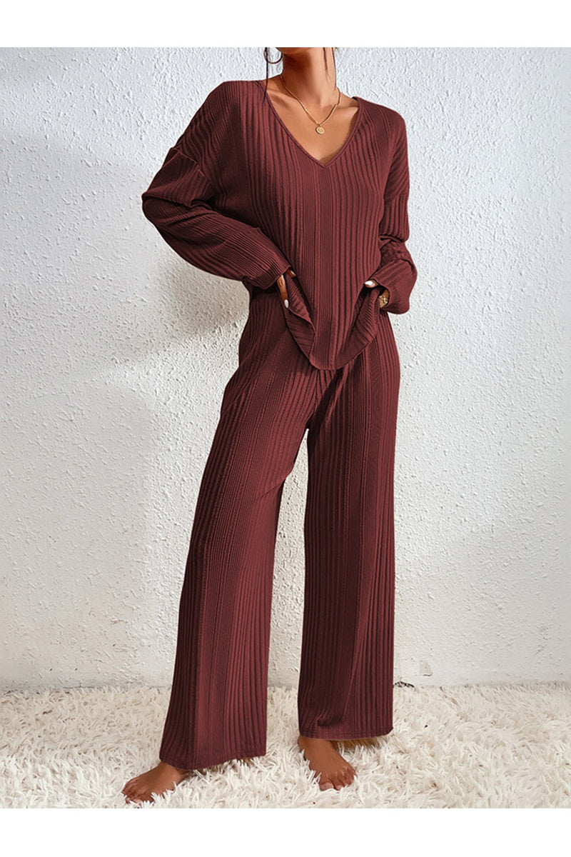 V-Neck Long Sleeve Top and Pants Set