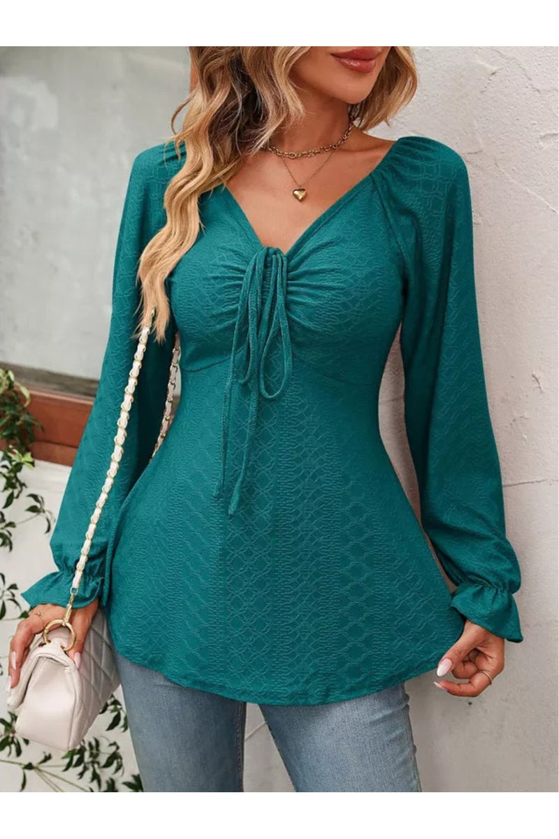 Full Size Drawstring Ruffled V-Neck Long Sleeve Blouse