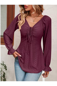 Full Size Drawstring Ruffled V-Neck Long Sleeve Blouse