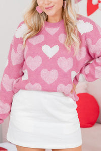 Pearl Trim Heart Round Neck Long Sleeve Sweater