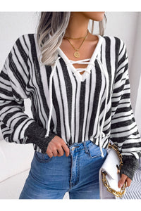 Striped Lace-Up Long Sleeve Sweater