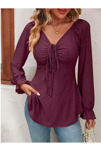 Full Size Drawstring Ruffled V-Neck Long Sleeve Blouse